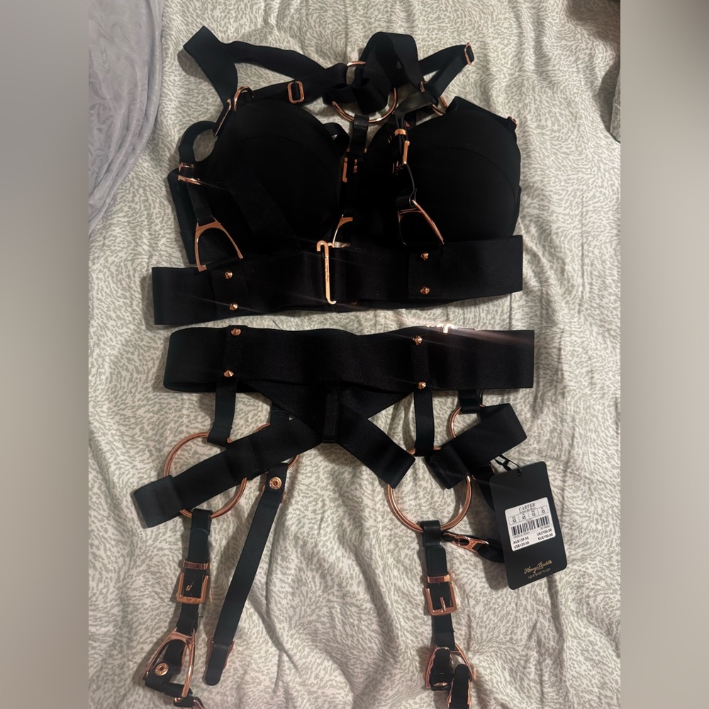 Honey Birdette Black and Gold Carter Harness/bra/panties